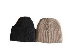 Lakibole Ribbed Knit Beanie Set of 2 Dark Gray and Beige